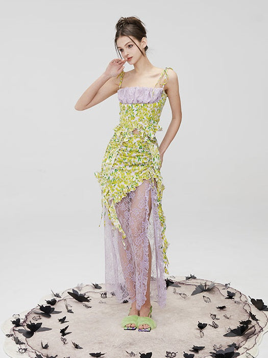 Floral Lace Suspender Top & Drawstring Splicing Skirt