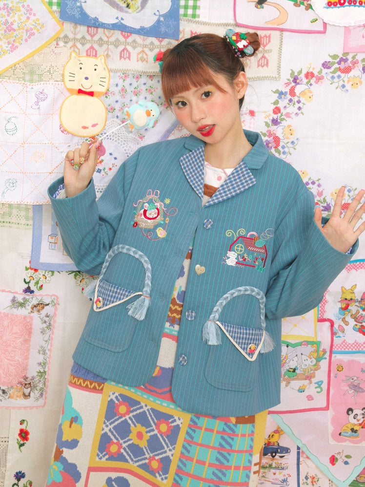 스트라이프 스티치 레트로 자수 재킷