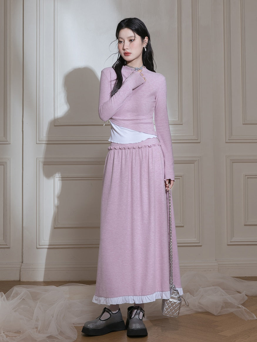 Layered Design Knitted Smocked Top & Skirt Set-up