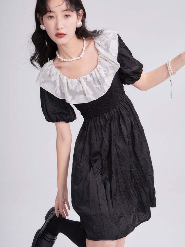 꽃 옷깃 하이 허리 작은 검은 드레스