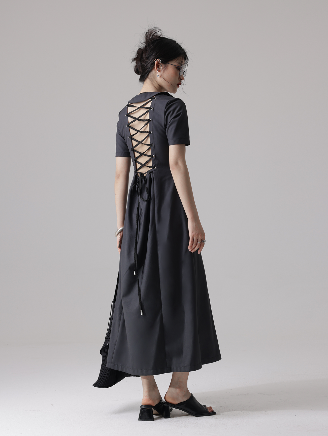 Futuristic Backless Lace-up Asymmetry Collar Dress