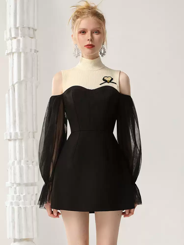 High-Neck Knit Open-Shoulder Balloon-Sleeve Ciffon Dress