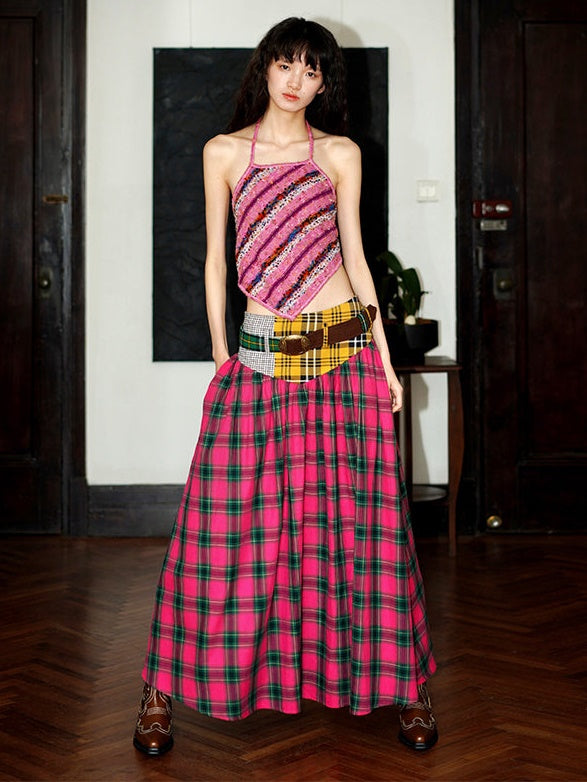 대조적 인 줄무늬 원사 니트 홀터 탱크 탑