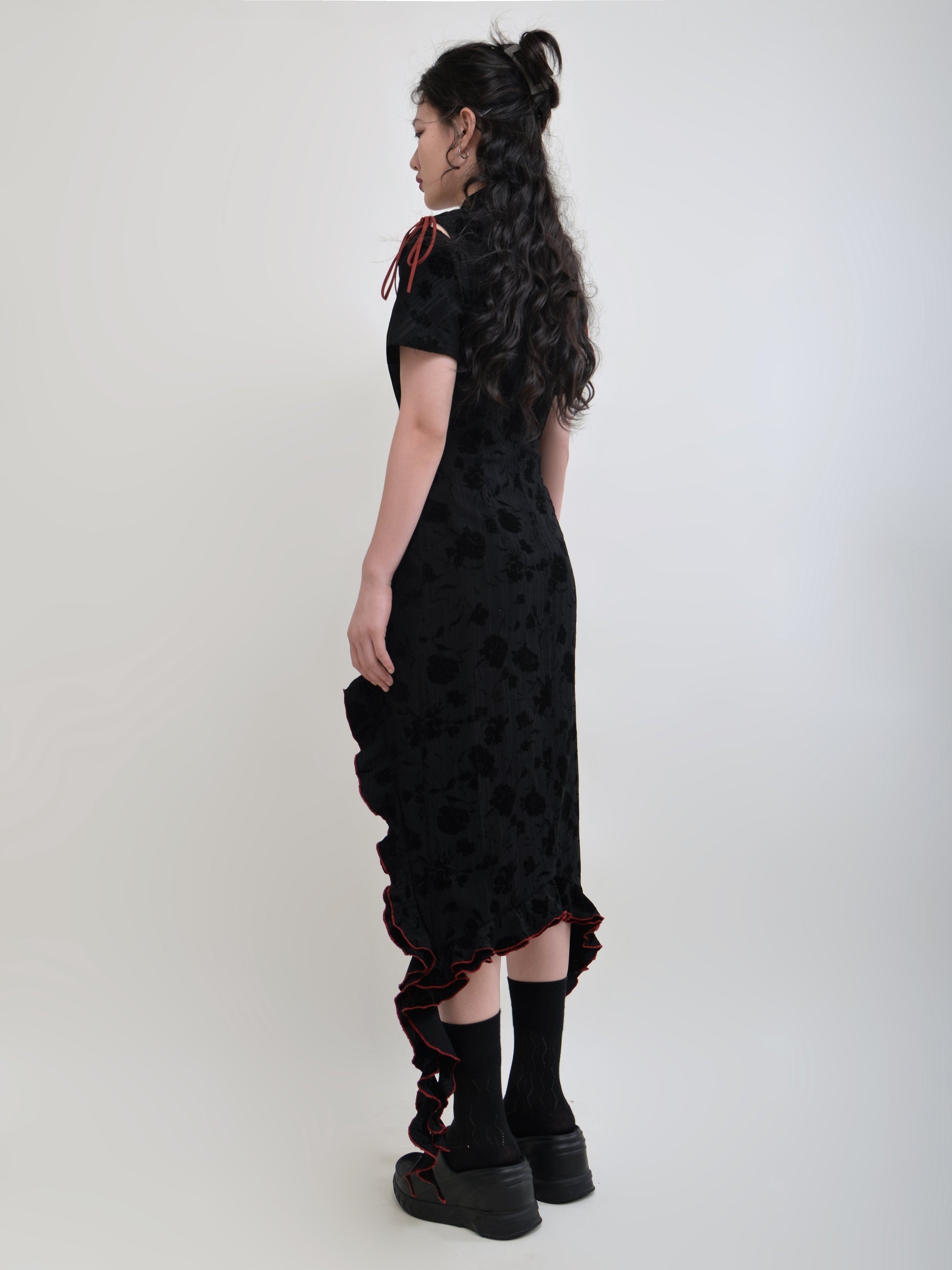 New Chinese Style Color Trim Irregular Frill Dress