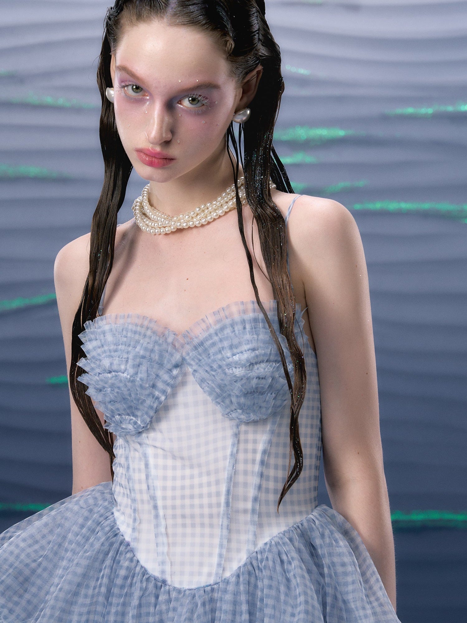 격자 무늬 메쉬 투투 서스펜더 드레스 & 레이스 진주 코르셋