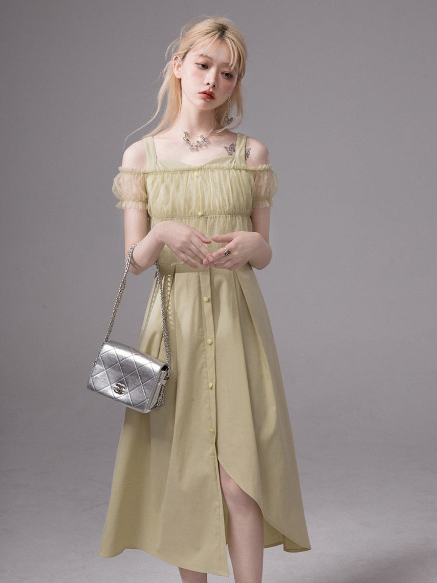 Mesh Sheer Top & Irregular Hem Sundress One-piece Set-up
