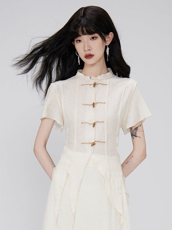 Irregular Hem Sheer Shirt & Layered Design Skirt