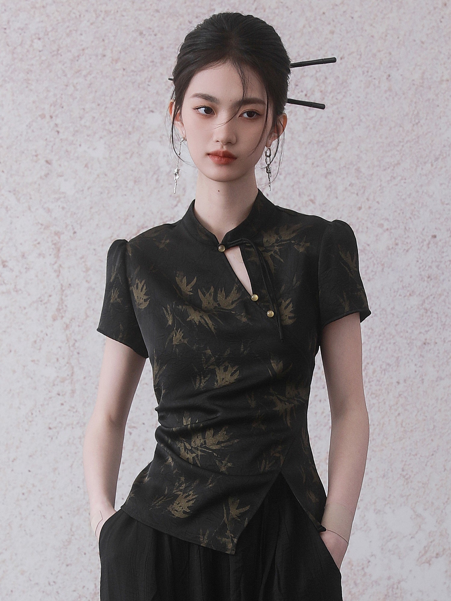 Chinese Style Bamboo Print Short Sleeve Shirt & A-Line Skirt