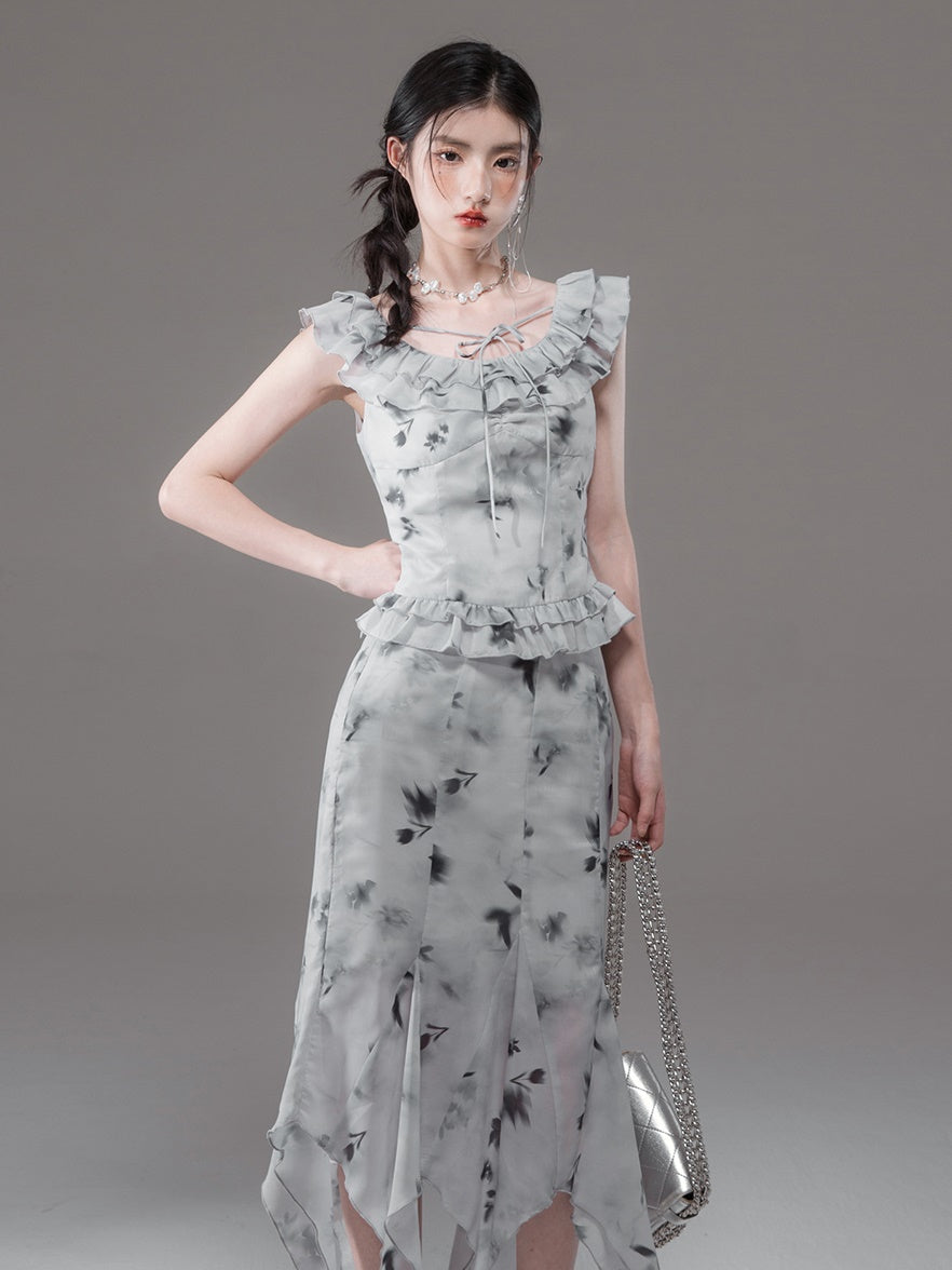 Tulip Mist Ash Ruffled Sleeveless Top & Irregular Hem Skirt Set-up