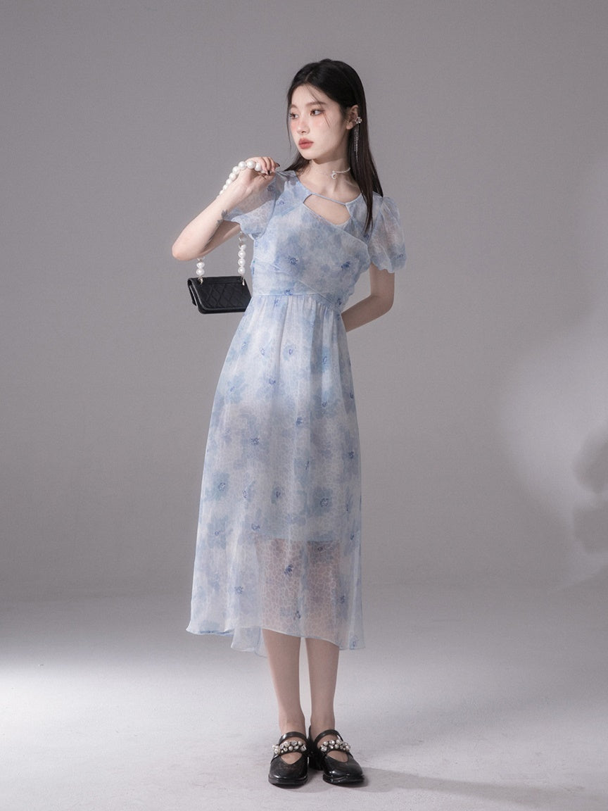 Fuzzy Printed Cross Chiffon One-piece