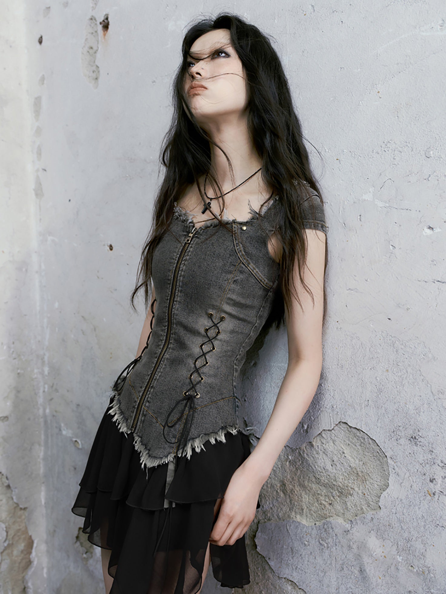 데님 스 플라이 싱 플라잉 슬리브 짧은 일체형