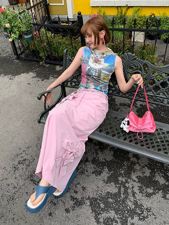Ribbon Low-waist Tooling Long Skirt