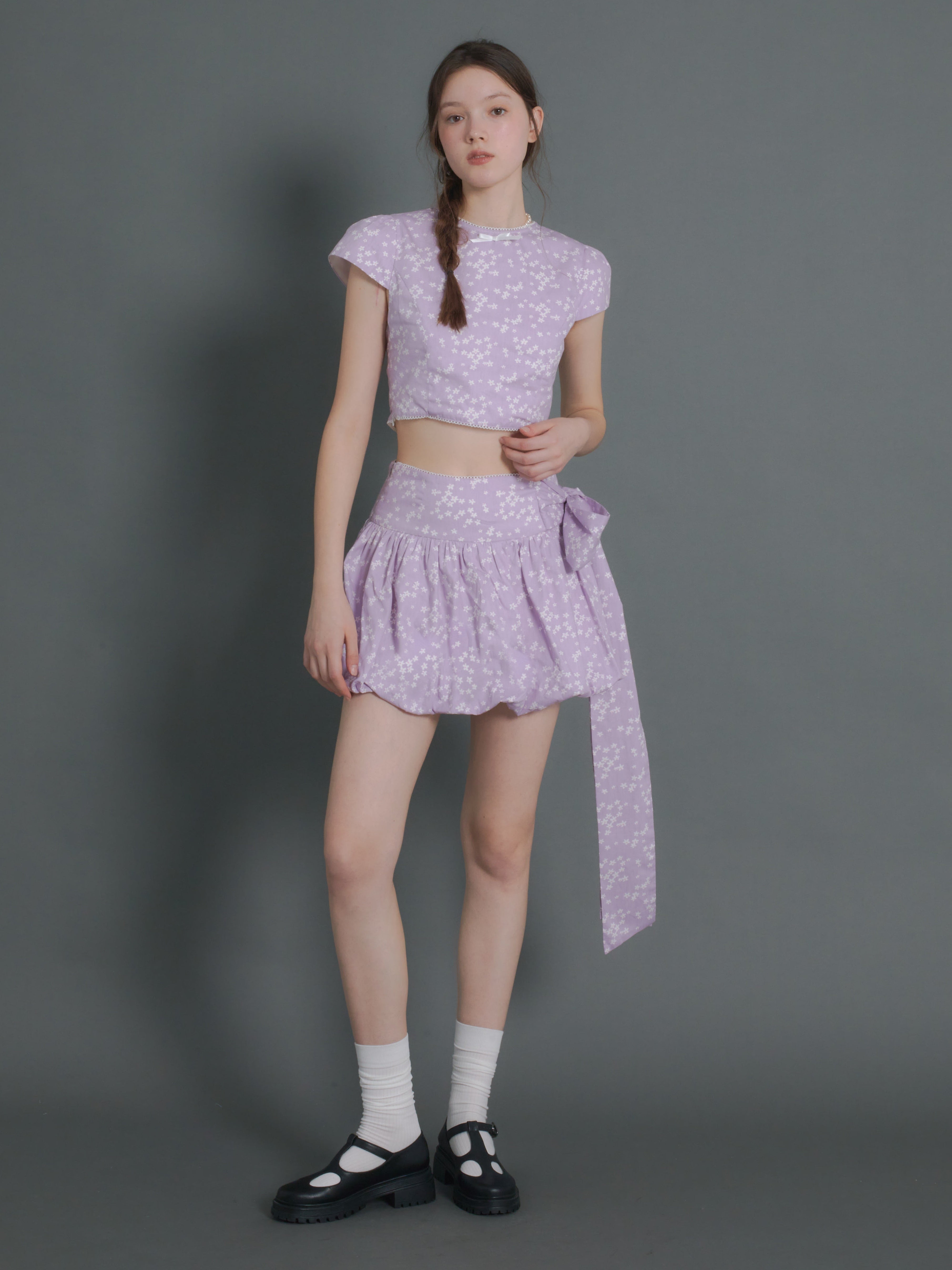 Floral Short Sleeve Cropped Top & Ribbon Bud Skirt