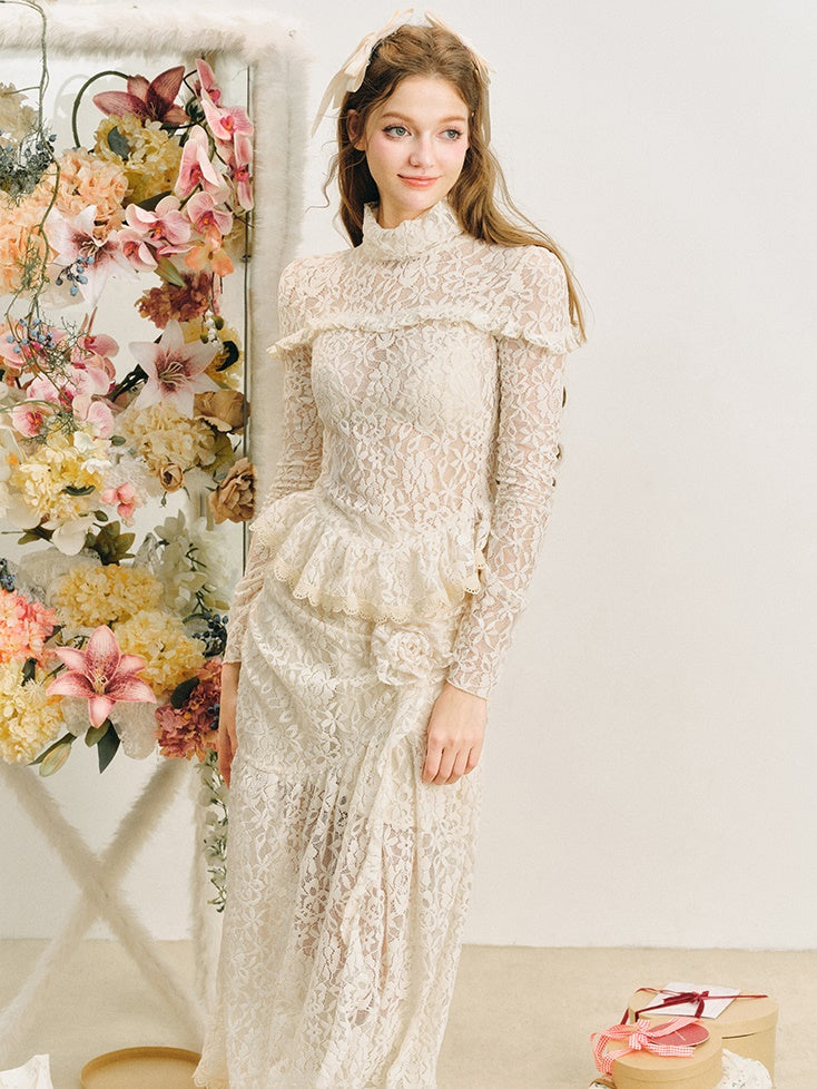 Lace High-Neck Peplum Design Top & Embroidered Lace Skirt