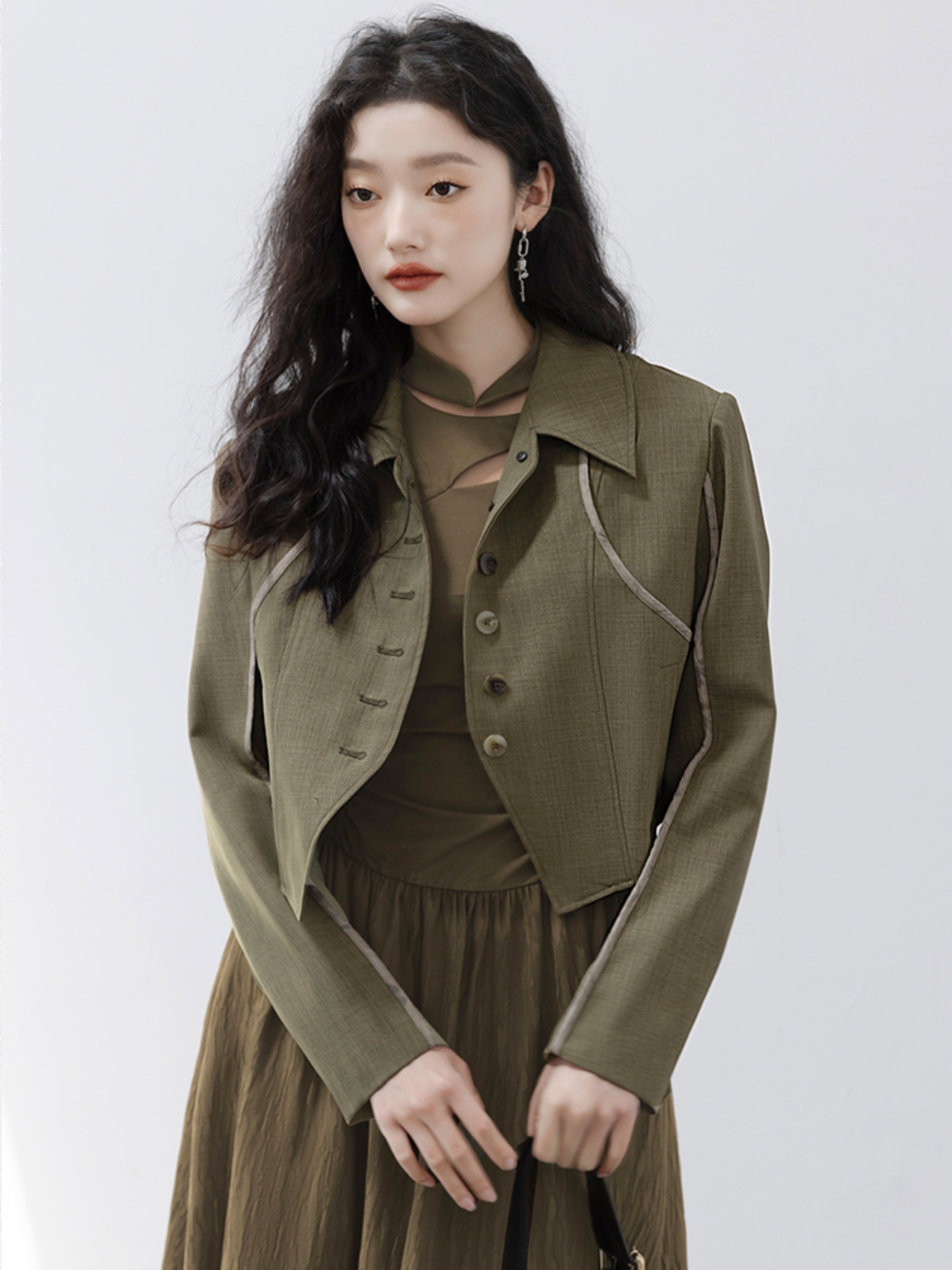 Deconstructed Retro College Style Jacket & Design Pleated Skirt