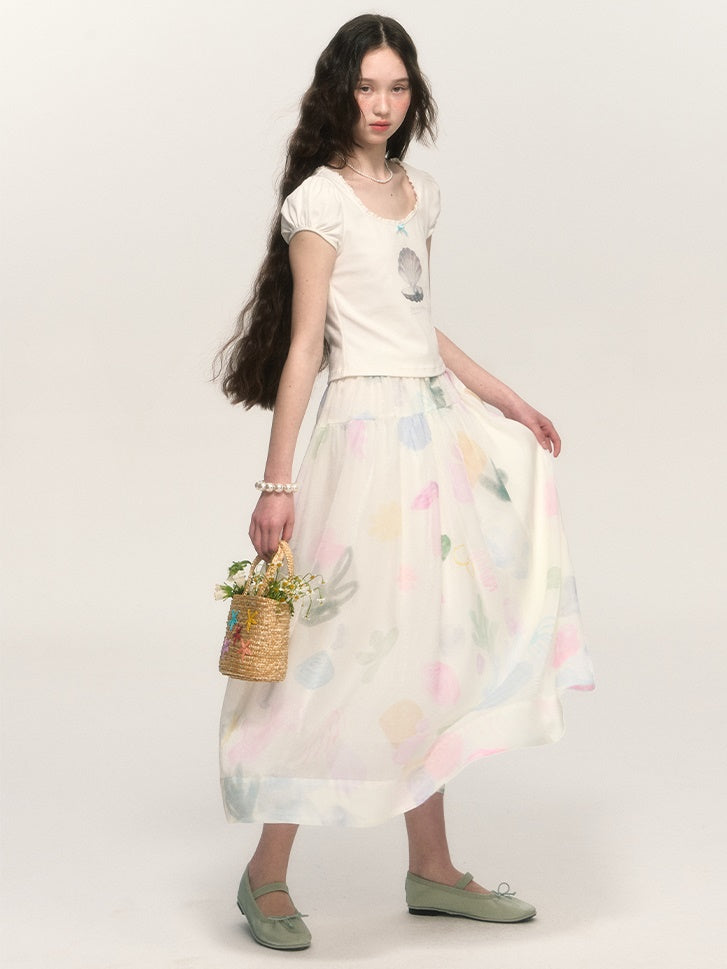 Shell Letter Print Puff Sleeve T-shirt