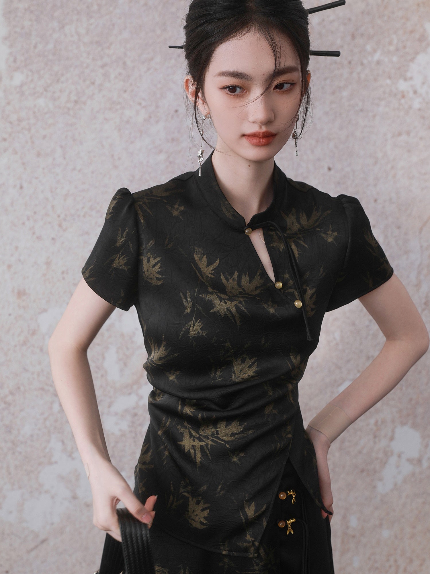 Chinese Style Bamboo Print Short Sleeve Shirt & A-Line Skirt