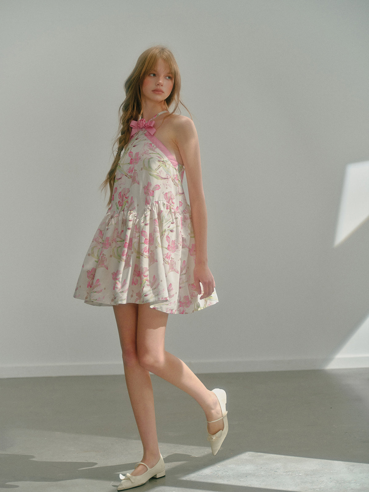 Halter Neck Floral Printed Sweet Bow Puffy Dress