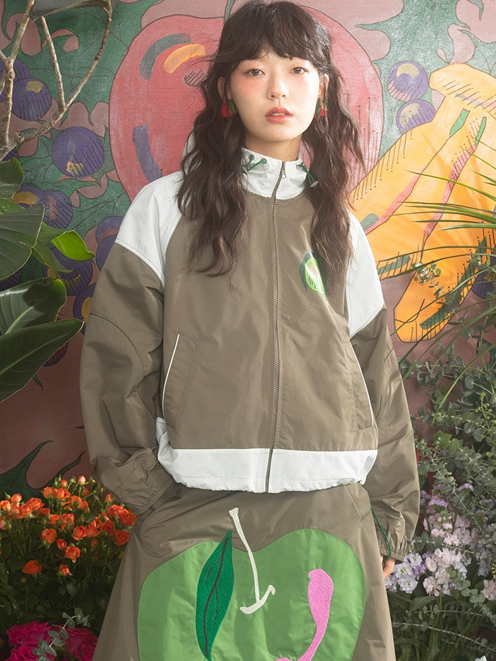 Contrast Stitching Hooded Windbreaker & Patchwork A-Line Skirt