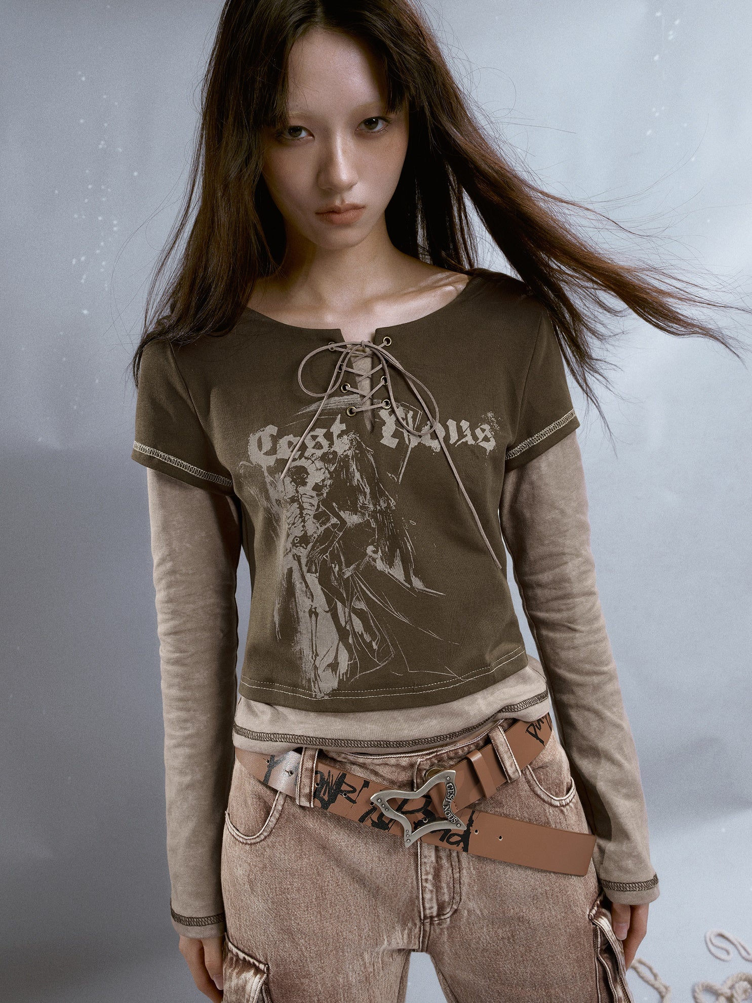 Fake 2Piece Lace-up Print Long T-Shirt