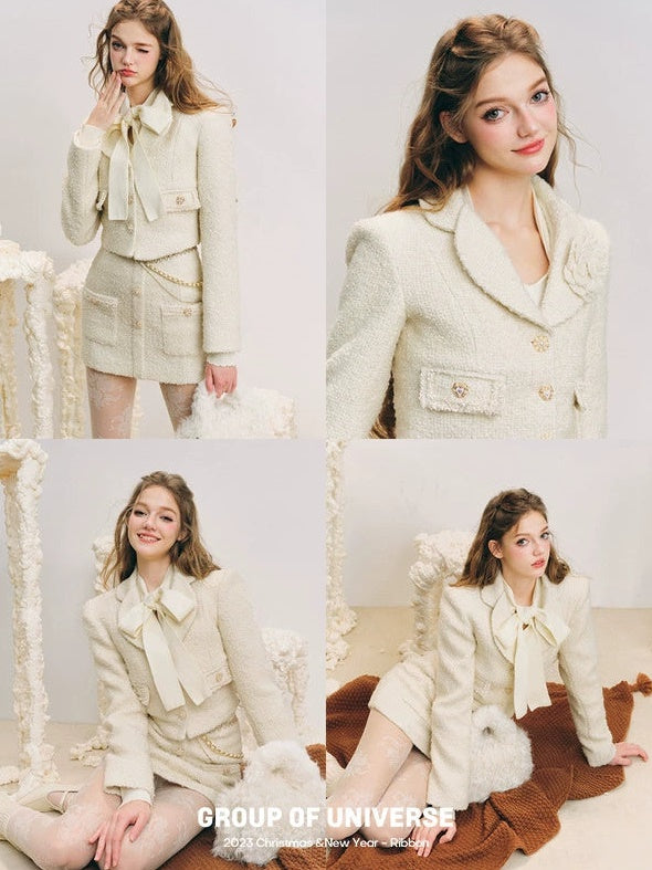 Tweed Cropped Slim Jacket & Pocket Design Mini Skirt