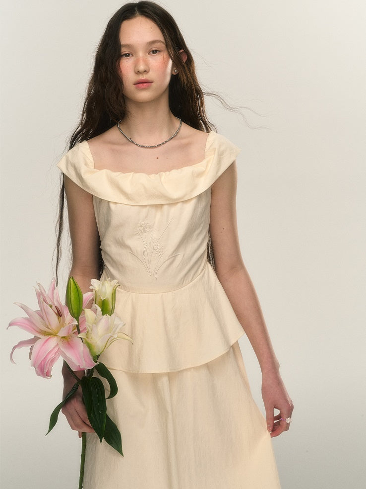 One-shoulder Embroidery Peplum Design One-piece