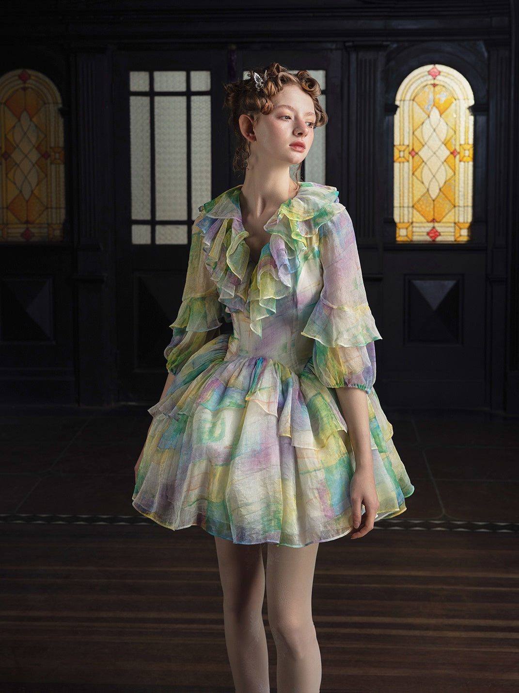 V-neck Frill Short Dress & Pannier