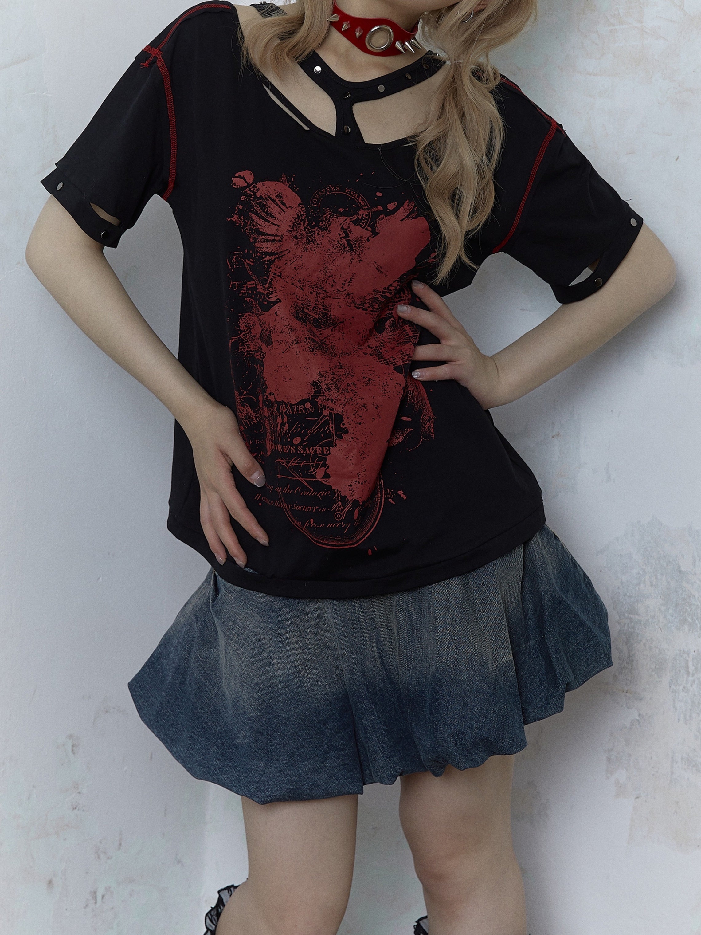 Hollow Front And Back Loose Printed Hole T-shirt