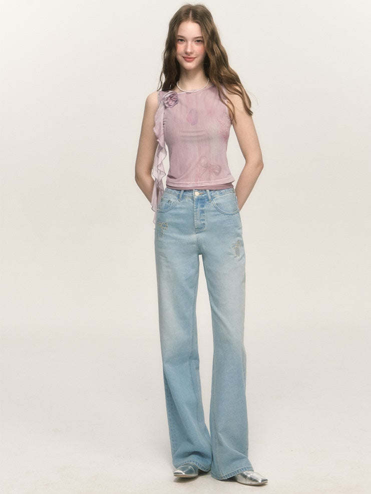 Embroidered Washed Distrssed Straight Loose Denim