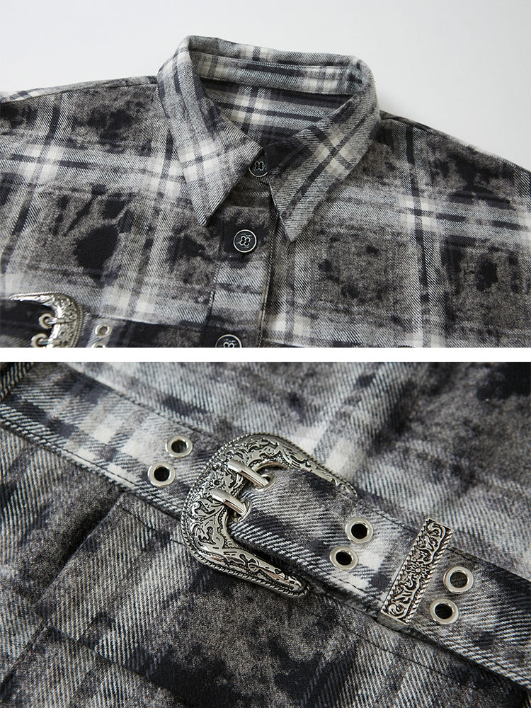 Plaid Loose Long Sleeve Shirt & Pleated Skirt