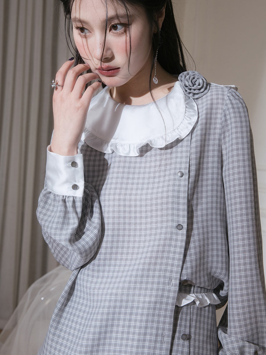 Contrast Color Plaid Shirt & Asymmetry Skirt Set-up