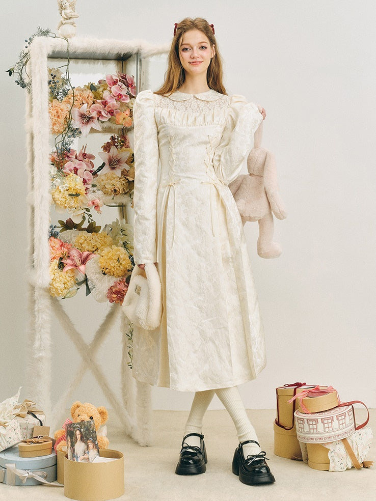 Jacquard Lace-Up Tuck Pleated Dress