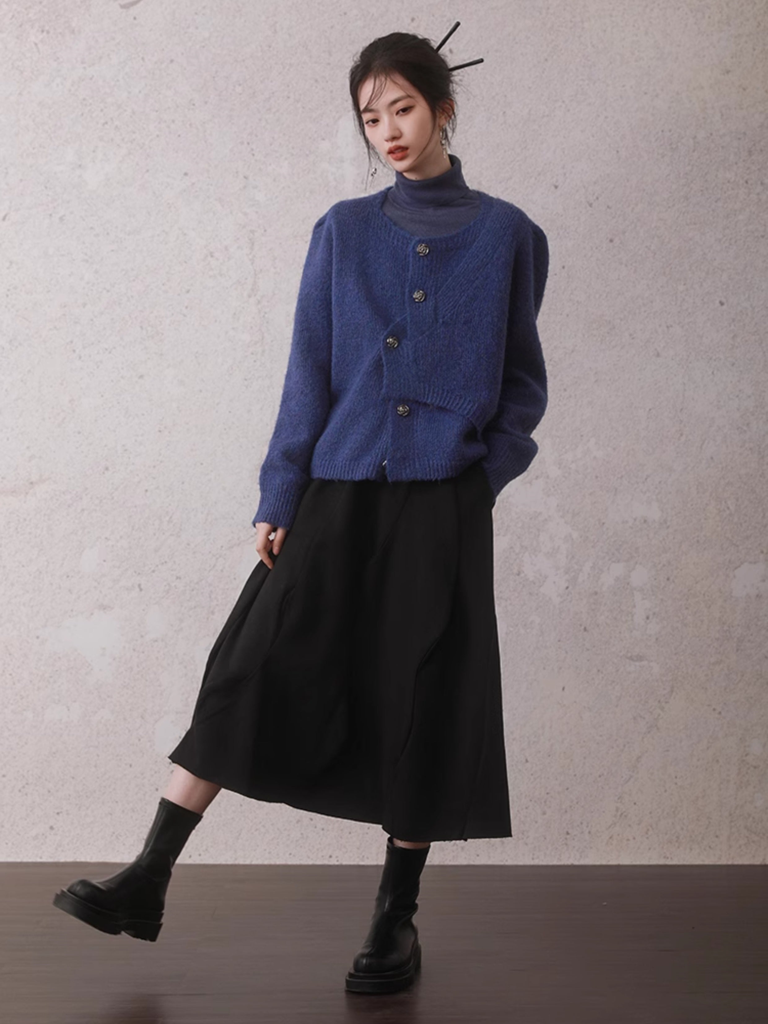 Irregular Button Round Neck Knitted Cardigan