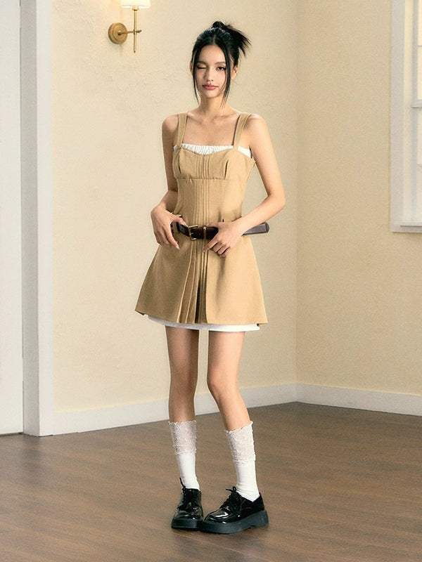 ZIP-Up Casual Jacket & Fake Layered Strap One-piece