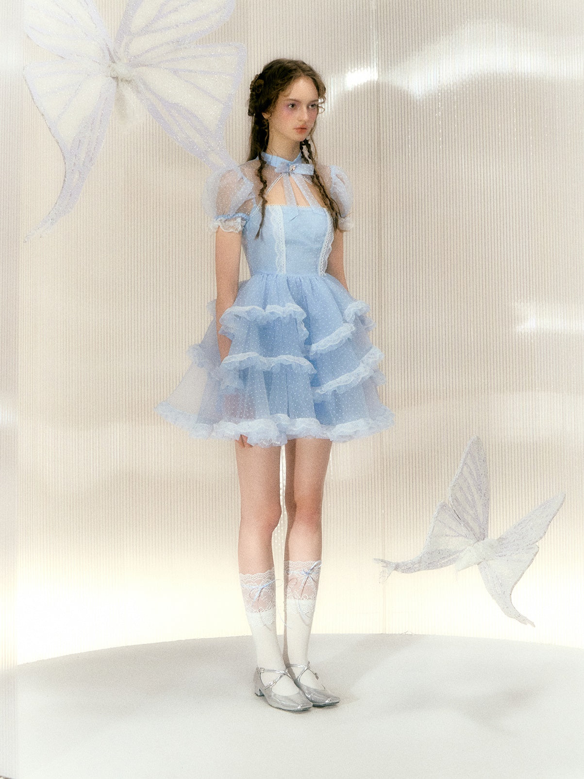 Polka Dot Rhinestone Bow Short-sleeved Lace Princess Dress