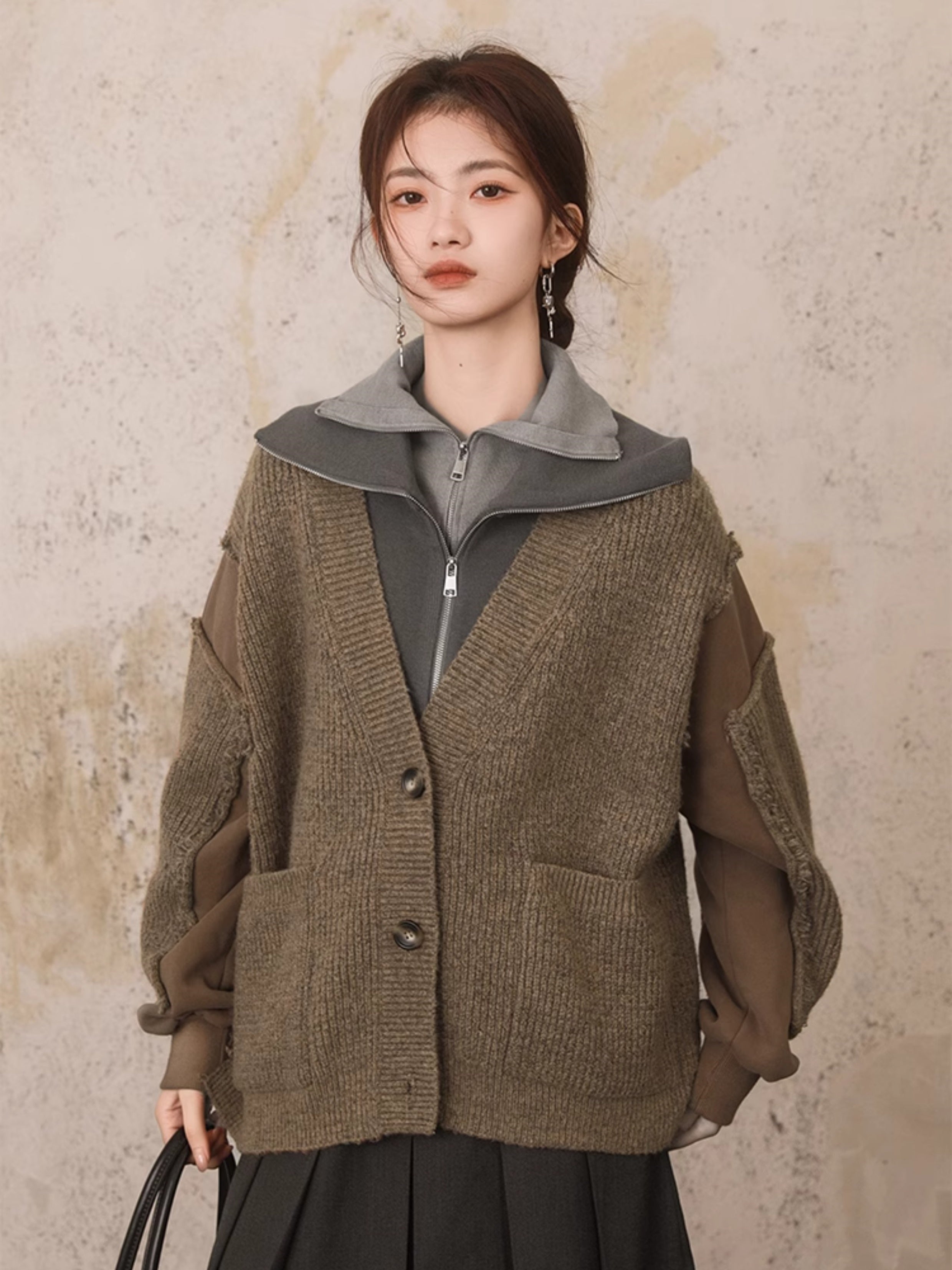 V-Neck Patchwork Knitted Cardigan