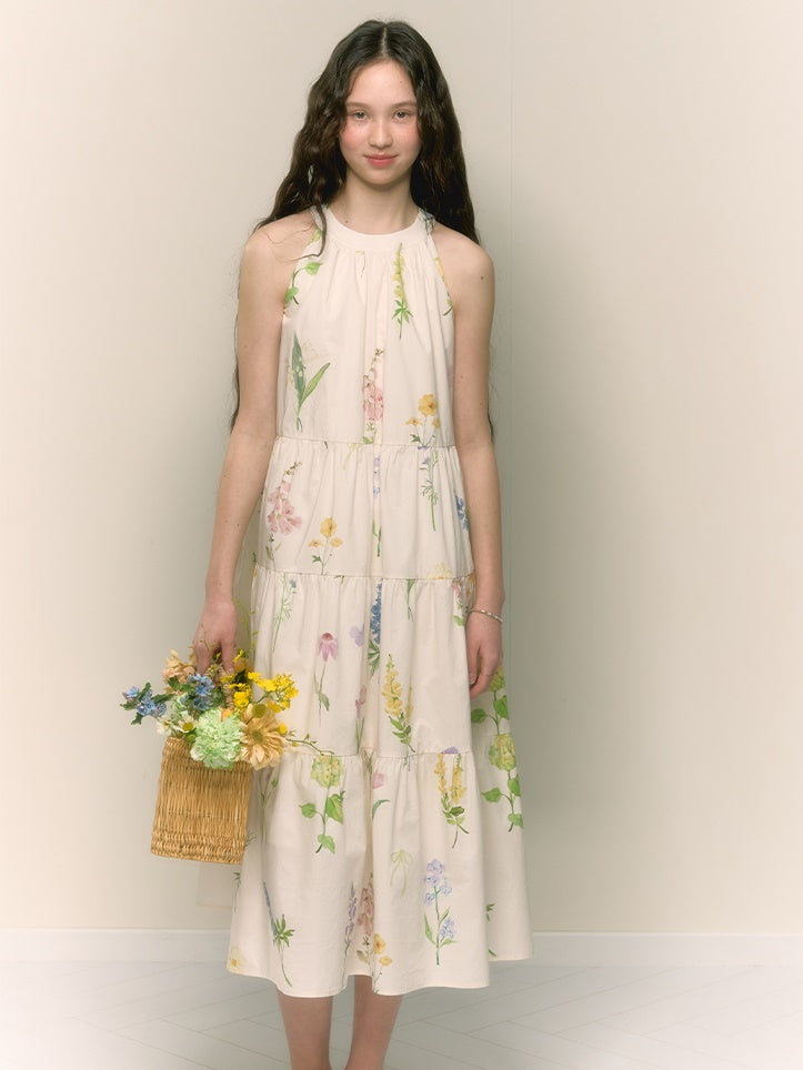 French Retro Girly Print Pleated A-line Halterneck Long Dress