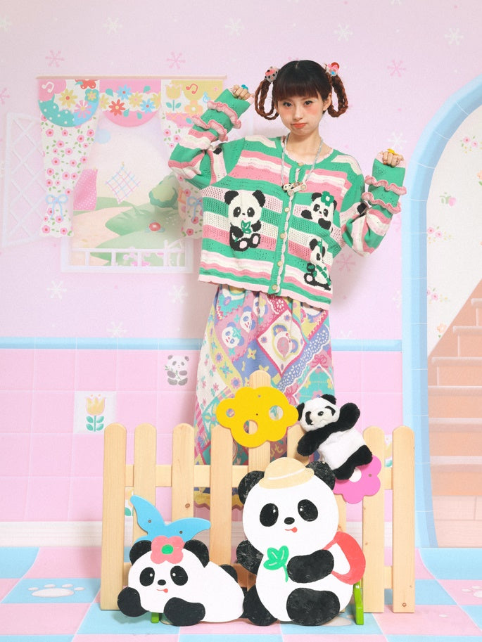 국경 팬더 중공 레이스 소매 니트 카디건