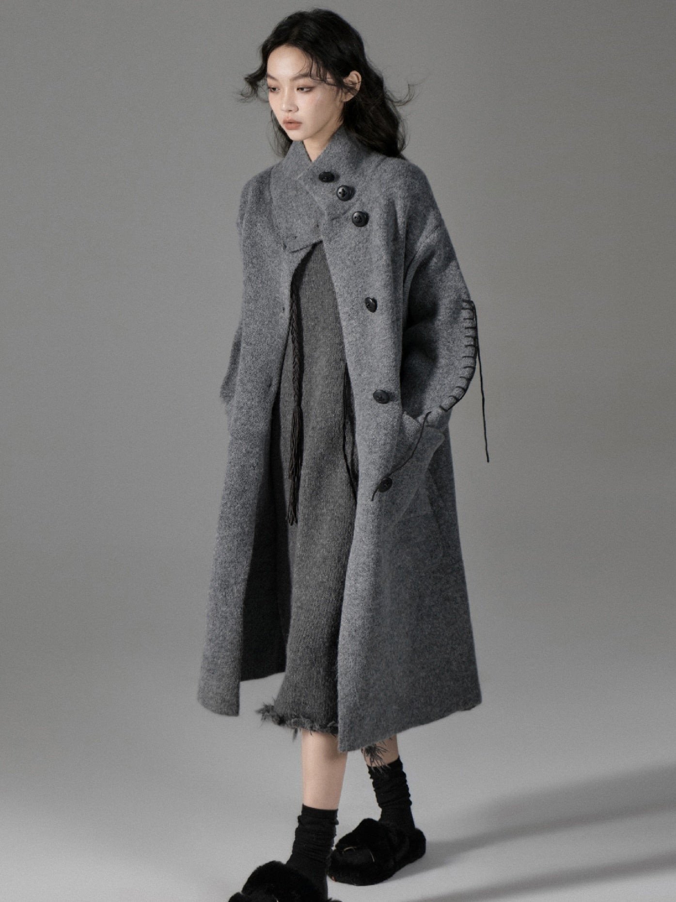 High-Neck Loose Long Soft Waxy Coat