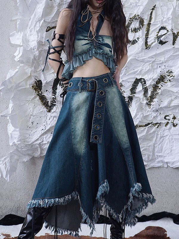 Fringed Irregular Hem Denim Circular Skirt
