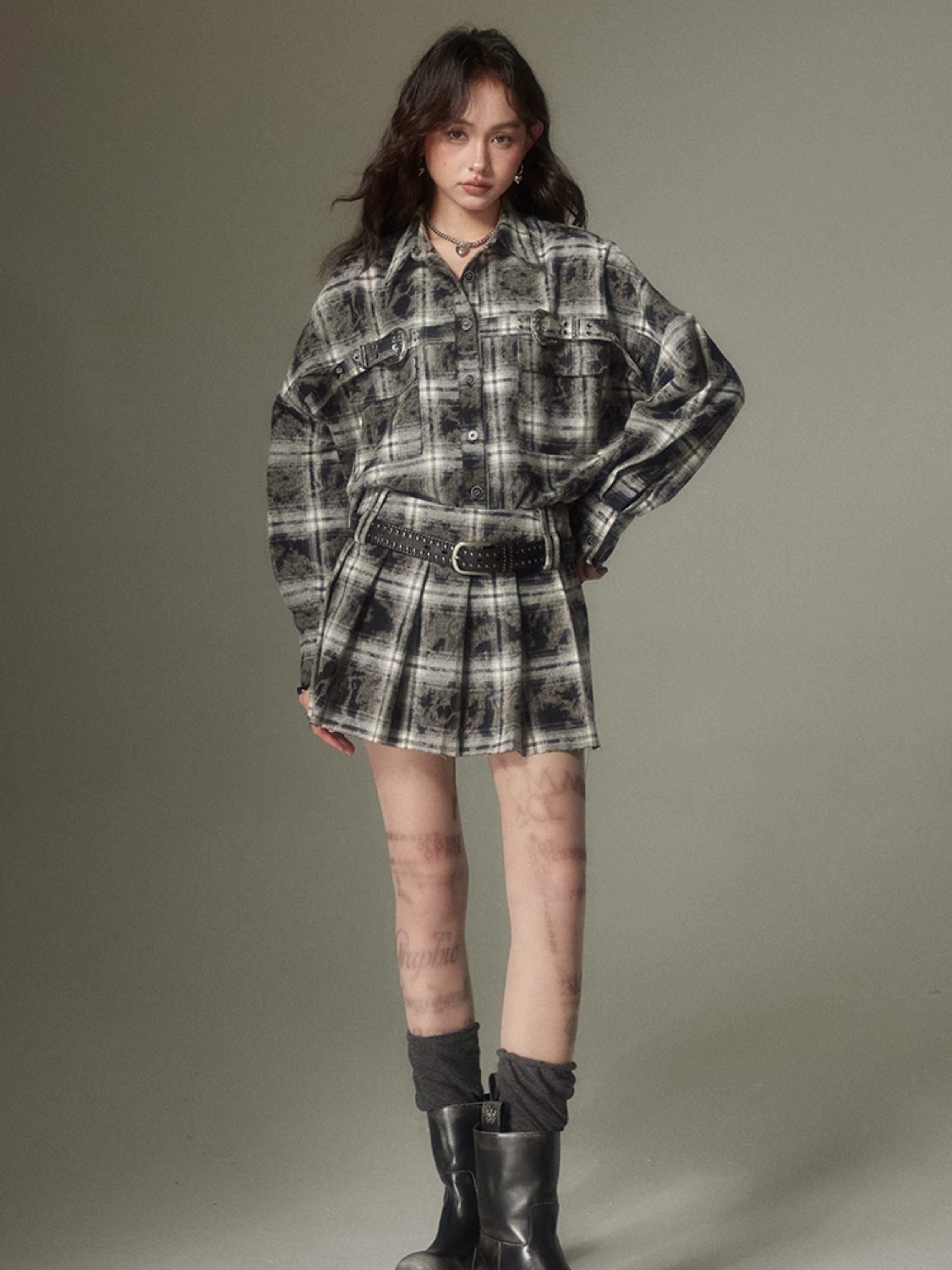 Plaid Loose Long Sleeve Shirt & Pleated Skirt