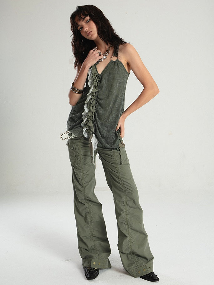 Old Washed Straight Flared Pleated Gather Pants