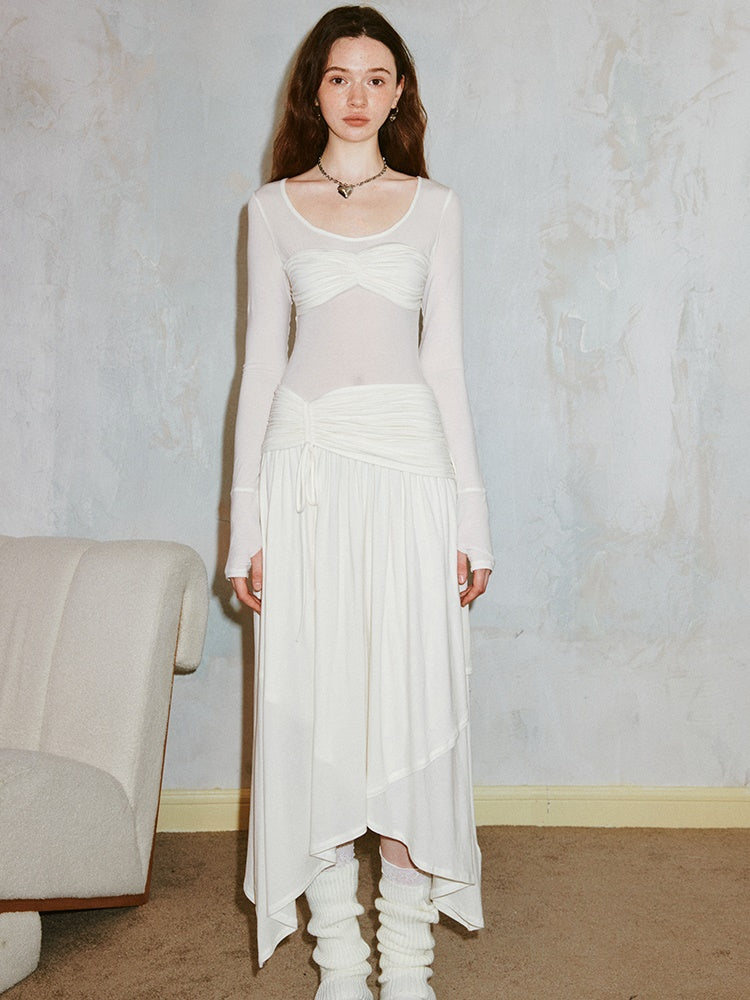 Classic Pleated Stitch Long-sleeved Sheer Dress