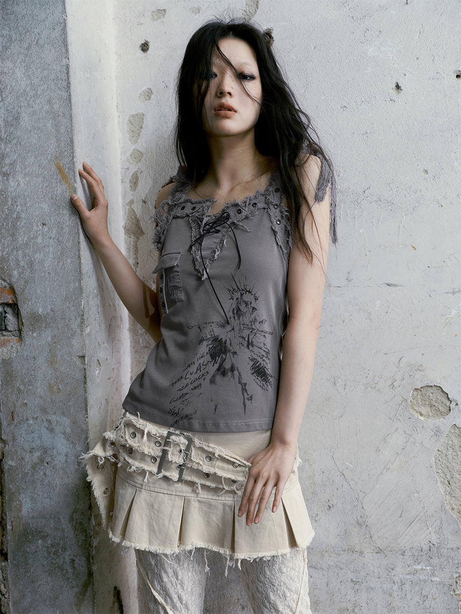 Printed Raw Edge Asymmetric Camisole