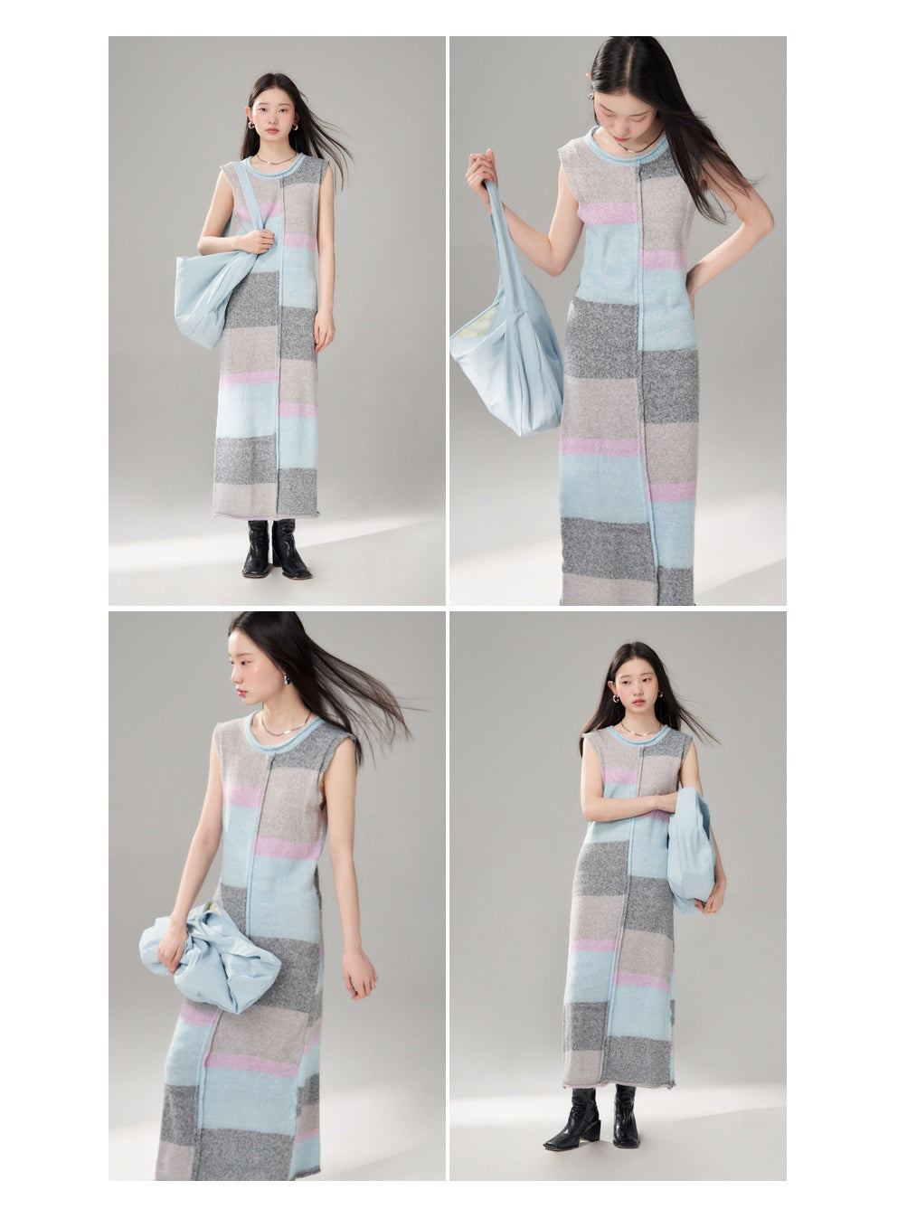 테두리 컬링 니트 짧은 숄 가디건 & 슬리브 벨스 원피스