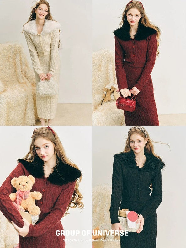 Fur Collar Twist Knitted Cardigan & Long Skirt