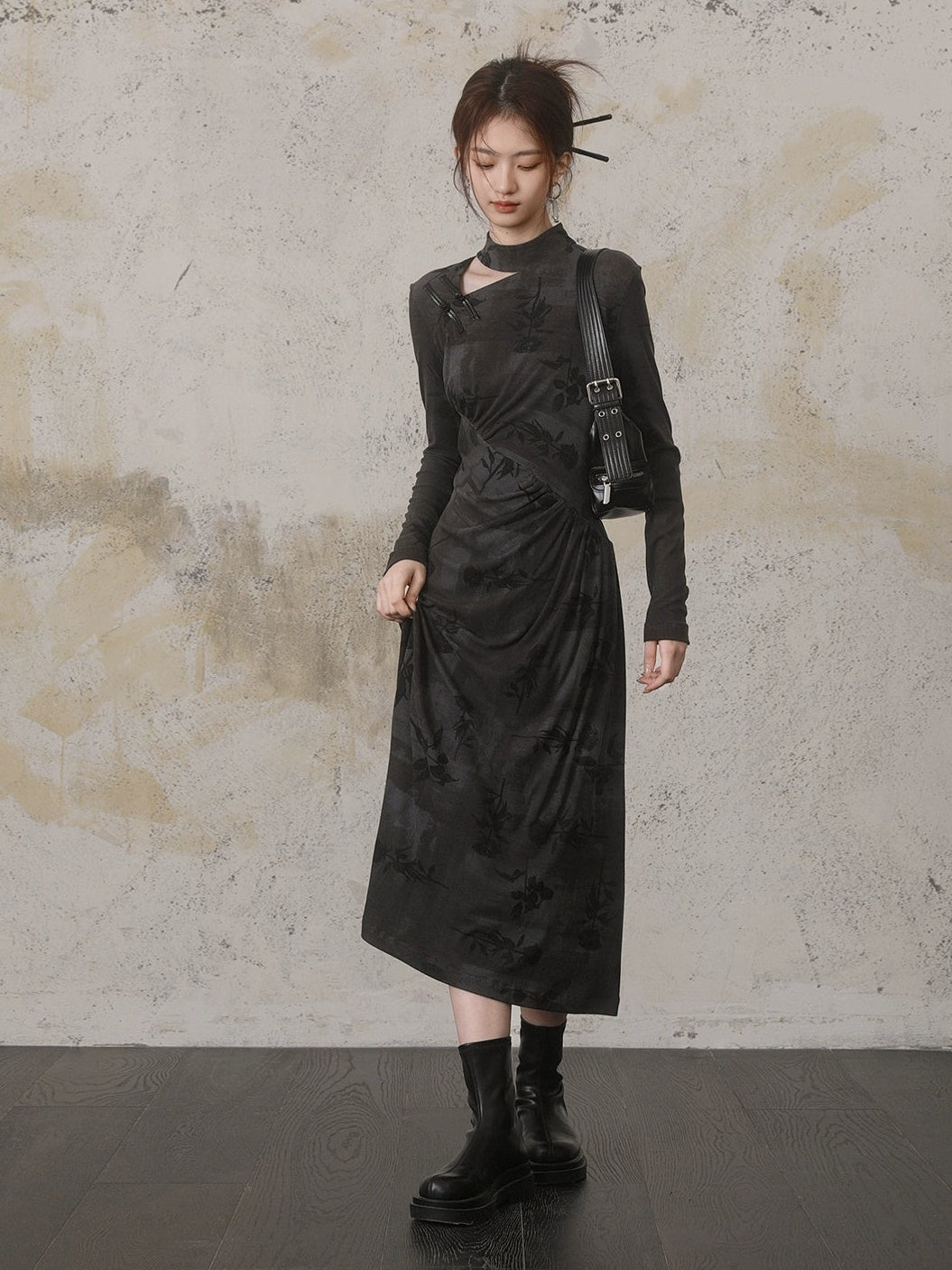 중국 스타일 인쇄 슬림 한 긴팔 드레스