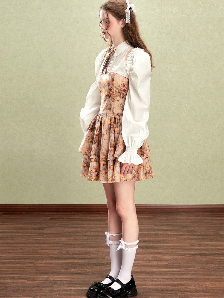 Retro Oil Painting Floral Sweet Dress & Sleeve Bolero