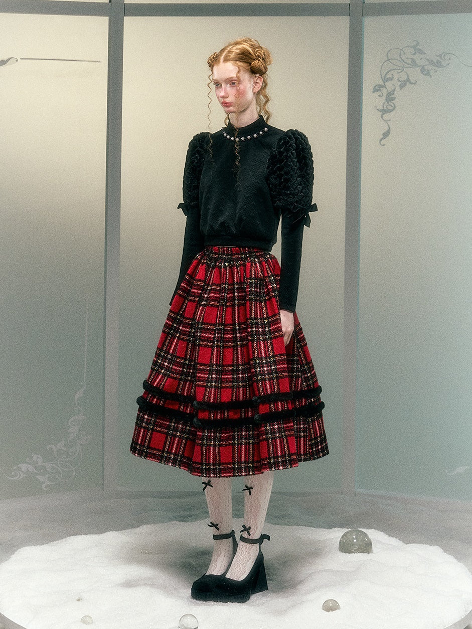 모피 소매를 좋아합니다. 보우 진주 장식 짧은 상단