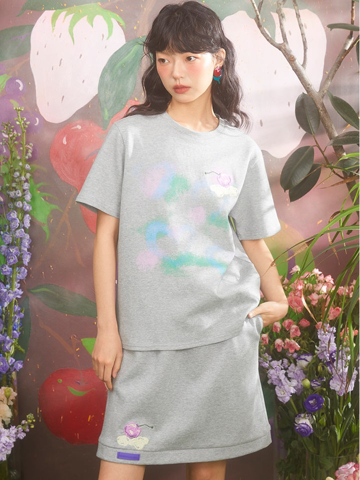 Retro Cherry Embroidery Gradient Loose T-shirt & Skirt